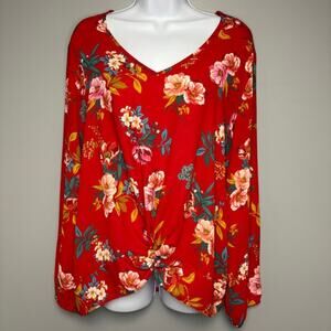 LOFT Red Colorful Floral Puff Sleeve V-Neck Twisted Hem Blouse Womens Size L